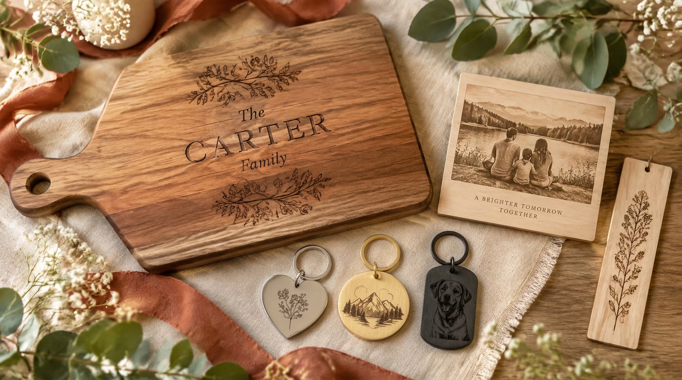Personalized cutting board, engraved metal keychains, balsa wood picture, and botanical bookmark styled on warm linen