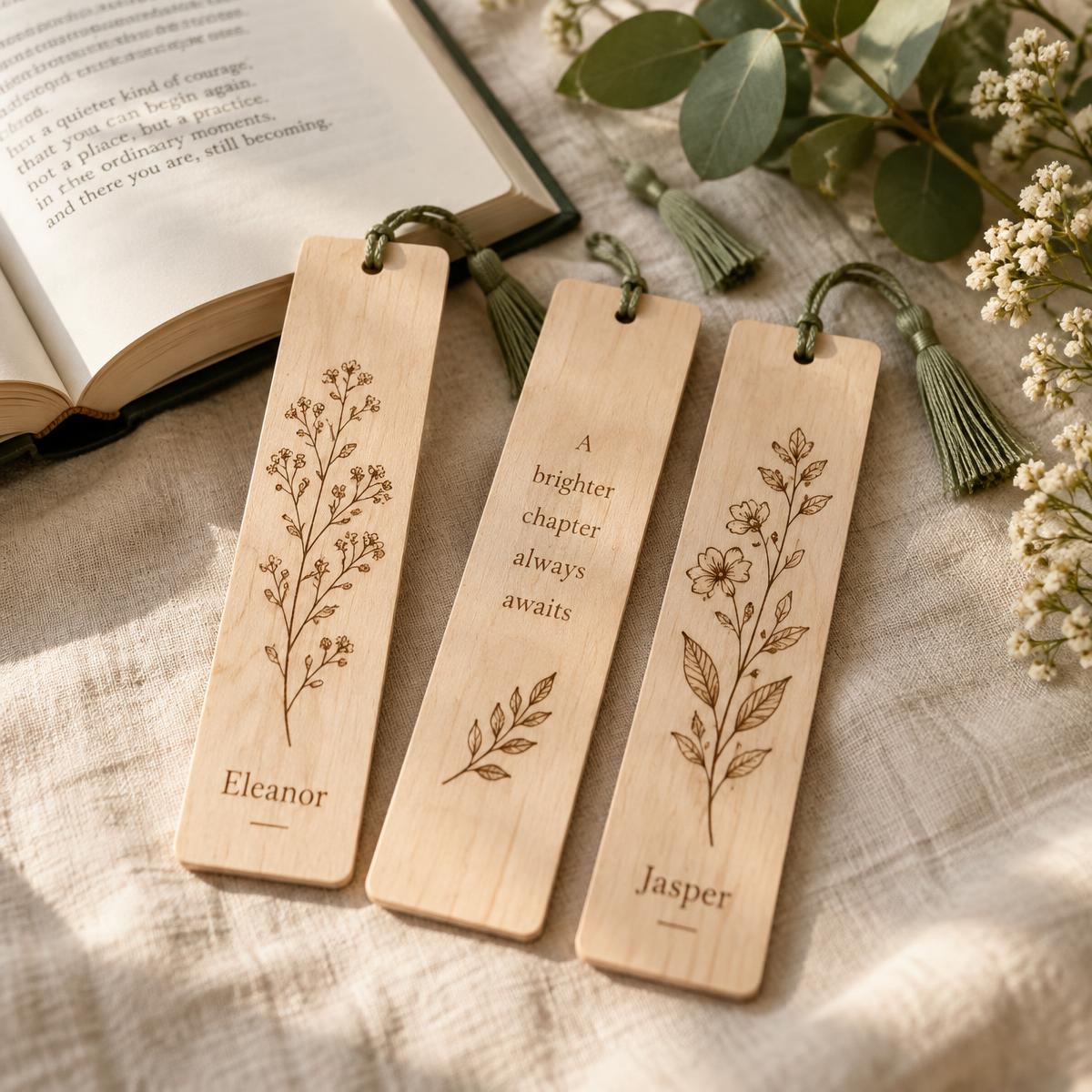 Personalized balsa wood bookmarks with botanical engraving